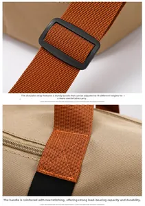 Detail of adjustable strap buckle and reinforced stitching on travel duffel bag