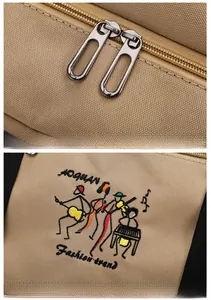 Detail of travel bag showing dual metal zippers and colorful embroidery on canvas