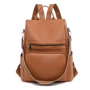 Brown PU leather anti-theft backpack for women with minimalist travel-ready design