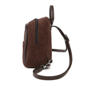 Brown corduroy mini backpack for women with PU leather trim and adjustable straps