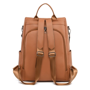 Brown PU leather anti-theft backpack for women with adjustable straps and rear zipper