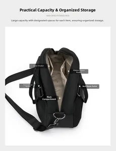 Internal layout of large nylon shoulder bag showing multiple storage compartments