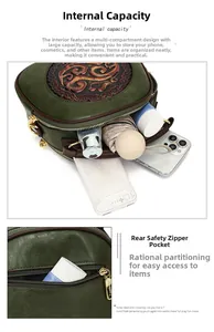 Detail view of large capacity interior and rear zipper pocket on green embossed bag