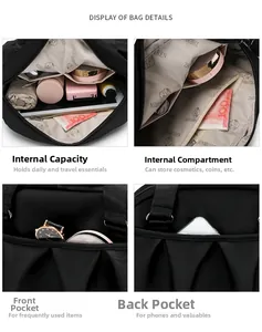 Detailed interior of the black nylon bag showing multiple compartments and large capacity