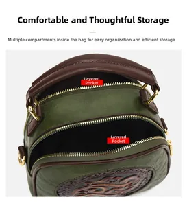 Top view of retro green mandala bag showing double zipper and layered compartments