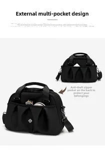 Detailed view of black nylon handbag showing multi-pockets and adjustable shoulder strap