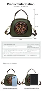 Detail view of retro green handbag with embossed cloud texture and size measurements