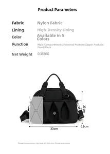 Detailed view of black nylon handbag structure with an iPhone 13 for size comparison