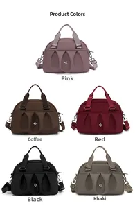 Detail of five nylon tote bags with wave pleats and adjustable straps in various colors