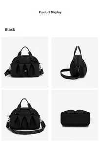 Four-angle view of black nylon handbag showing pleated design and adjustable straps
