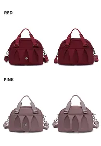 Detailed front and back view of red and pink nylon handbags with triple pleat design
