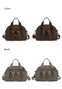 Detailed four-way view of large nylon handbags in coffee and khaki colors