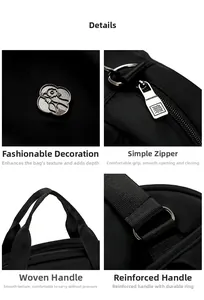 Detailed views of nylon tote bag with metal flower decor and smooth zipper closure