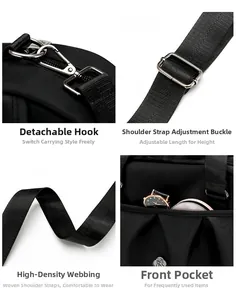 Detailed view of durable nylon bag with metal hooks, adjustable strap and front pocket