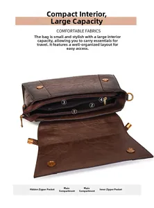 Detail view of the vintage brown shoulder bag showing multi-layer inner compartments and pockets