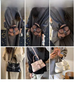 Model wearing vintage patchwork shoulder bags in various colors with metal buckle detail