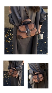 Detail showing vintage brown suede and leather splicing texture with metal ring buckle