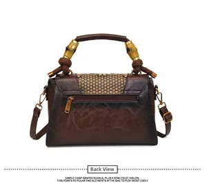 Back view detail of vintage shoulder bag with bamboo handle and premium leather texture