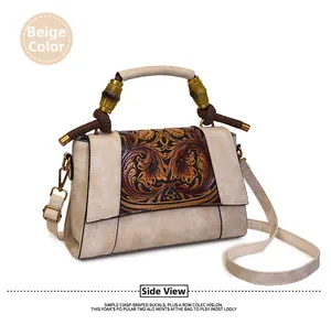Detail of vintage beige crossbody bag featuring bamboo handle and floral embossing