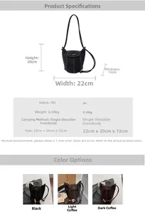 Detailed size specifications and material chart for the suede bucket shoulder bag