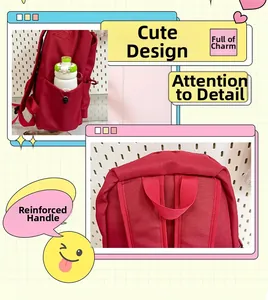 Detail of red backpack featuring a reinforced top handle and elastic side water bottle pocket