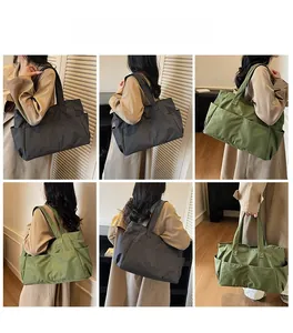 Collage of checkered canvas tote bag in dark gray and green showing multi-angle carrying views