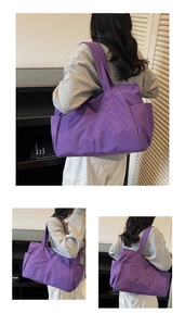 Detail view of purple checkered tote bag featuring side pockets and large capacity design