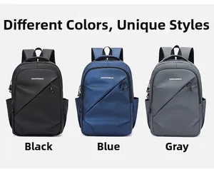 Vue avant de sacs à dos business élégants en noir, bleu et gris avec détail de fermeture