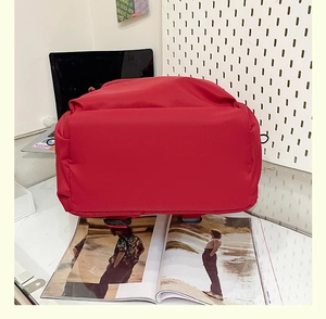 Detail view of red nylon backpack with adjustable black buckles in a study setting