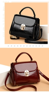 Close-up of gloss leather handbag featuring a golden horseshoe lock and decorative zippers