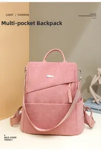 Detail of pink corduroy backpack featuring multi-pocket structure and woven zipper pulls