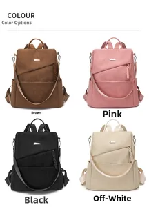 Color display of corduroy backpacks in brown, pink, black, and off-white options