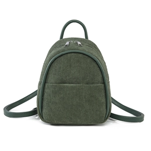 Mini backpack in dark green corduroy with silver zippers and vegan leather straps