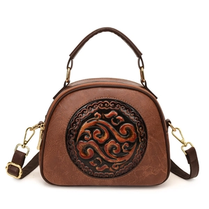 Retro Chinese Style PU Leather Handbag For Women Circular Embossed Crossbody Bag With Detachable Strap Gold Hardware