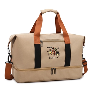 Large khaki travel bag with orange handles, separate shoe compartment, and 45-degree angle view