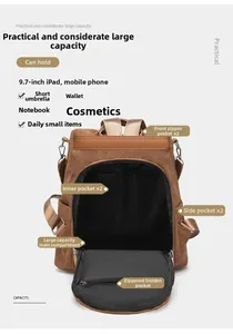 Detail view of brown corduroy backpack showing large capacity and internal pocket layout
