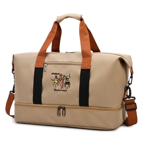 Large khaki travel bag with brown straps, separate bottom shoe compartment and shoulder strap