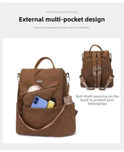 Brown corduroy backpack with multi-pocket storage and secure back anti-theft zipper