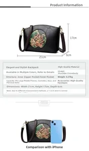 Detail view of black shell bag showing 21x17x6cm dimensions and floral embossing