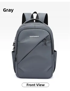 Vue frontale d'un sac à dos d'affaires gris imperméable avec une poche zippée diagonale
