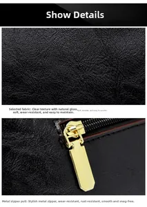 Detail of black textured leather fabric and polished gold zipper hardware on shell bag