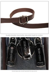 Détail de la bandoulière réglable et des fermetures éclair métalliques d'un sac multicouche