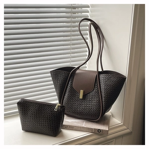 Deep brown woven leather tote bag set with matching inner pouch and gold buckle closure