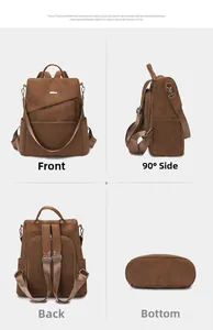 Detailed views of caramel brown corduroy backpack showing front, side, and back angles