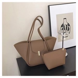 Brown lychee leather tote bag set with matching pouch and elegant gold hardware