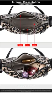 Dettaglio interno della borsa leopardata con scomparto principale e tasca con zip