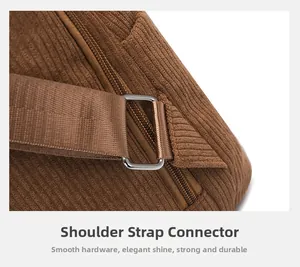 Detail of corduroy backpack showing silver metal buckle and durable fabric shoulder strap