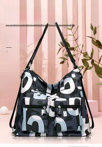 Detail of waterproof nylon backpack featuring geometric print and dual zipper pockets