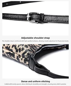 Dettaglio della borsa leopardata con fibbia in metallo e cuciture rinforzate precise