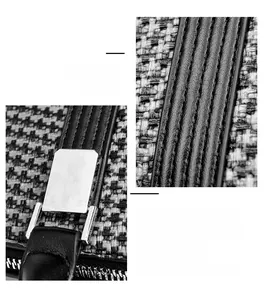 Detail of houndstooth weave fabric, silver metal buckles and reinforced stitching on handbag